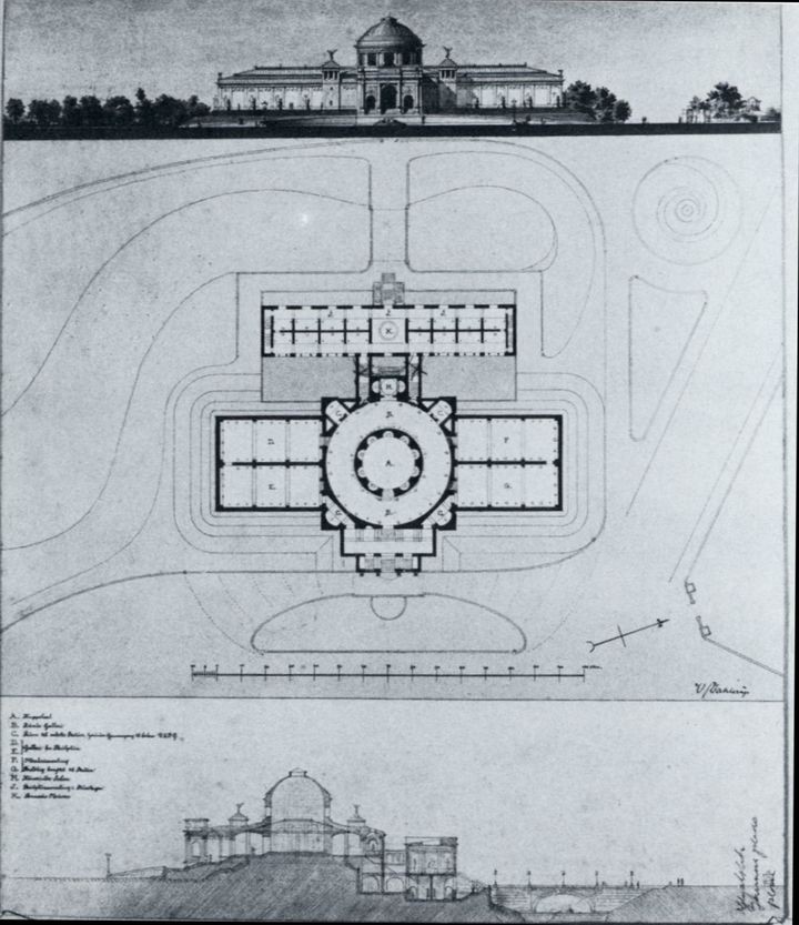 Dahlerups forslag til en Glyptoteksbygning placeret ved Aborreparken (Jarmers Bastion)