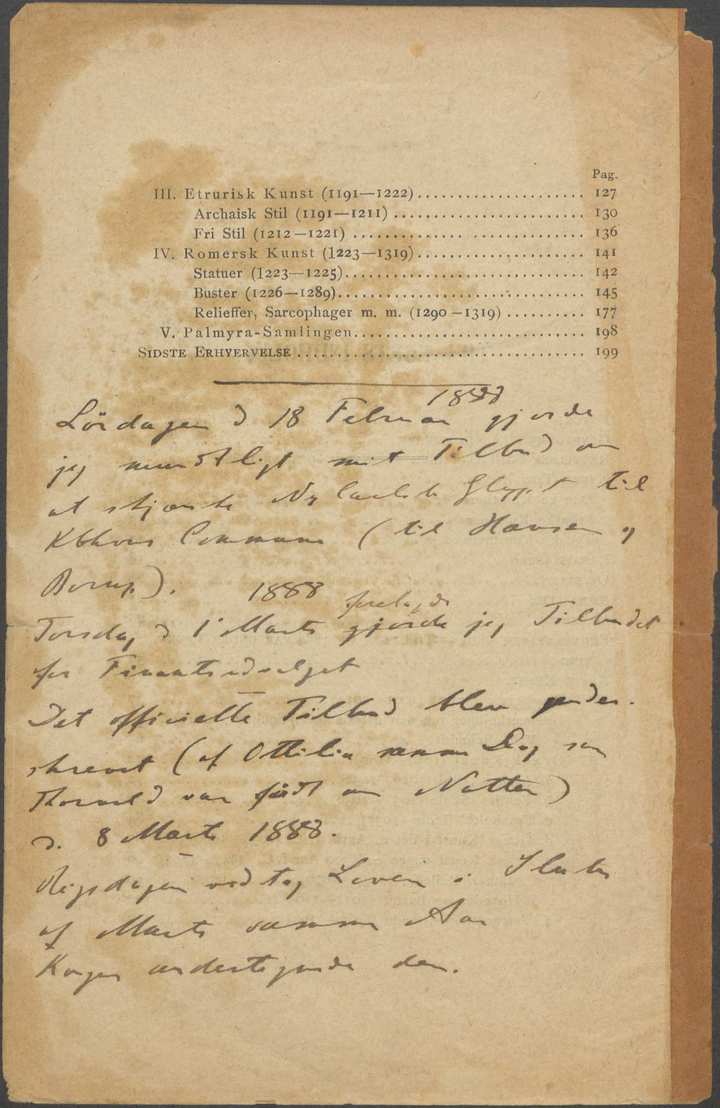 Carl Jacobsens noter om tilblivelseshistorien på et løst blad fra tillægget (1889) til det oprindelige katalog fra 1888