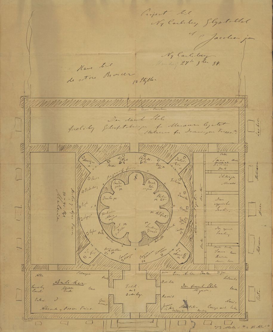 Carl Jacobsen skitse fra oktober 1884. Klik på billedet for at læse Carl Jacobsens ideer til kunstværkernes placering