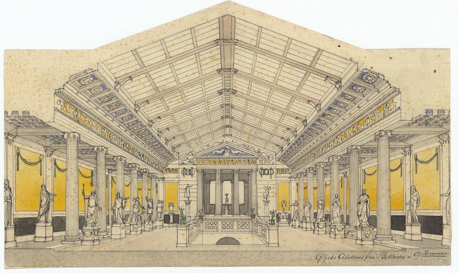 Kampmanns forslag med en monumental trappe fra festsalen til underetagen.