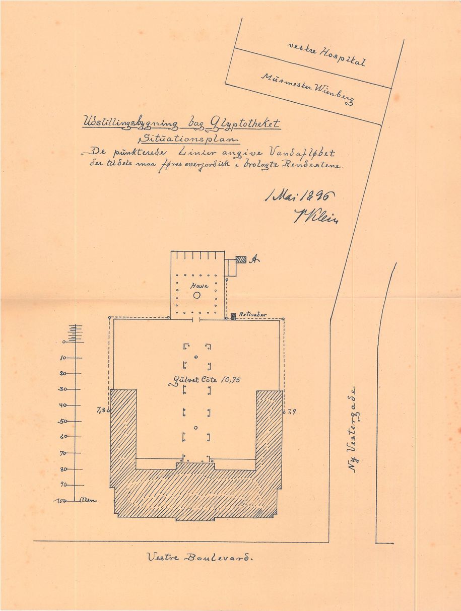 Af Vilhelm Kleins grundplan fremgår det tydeligt, at der bag udstillingens lokaler var en peristyl-gård til servering. En forløber for nutidens uundværlige museumscafeer.