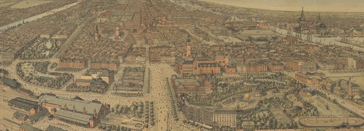 Panorama over København 1897 set fra Vesterbro med markering af de fire forslag til Glyptotekets placering